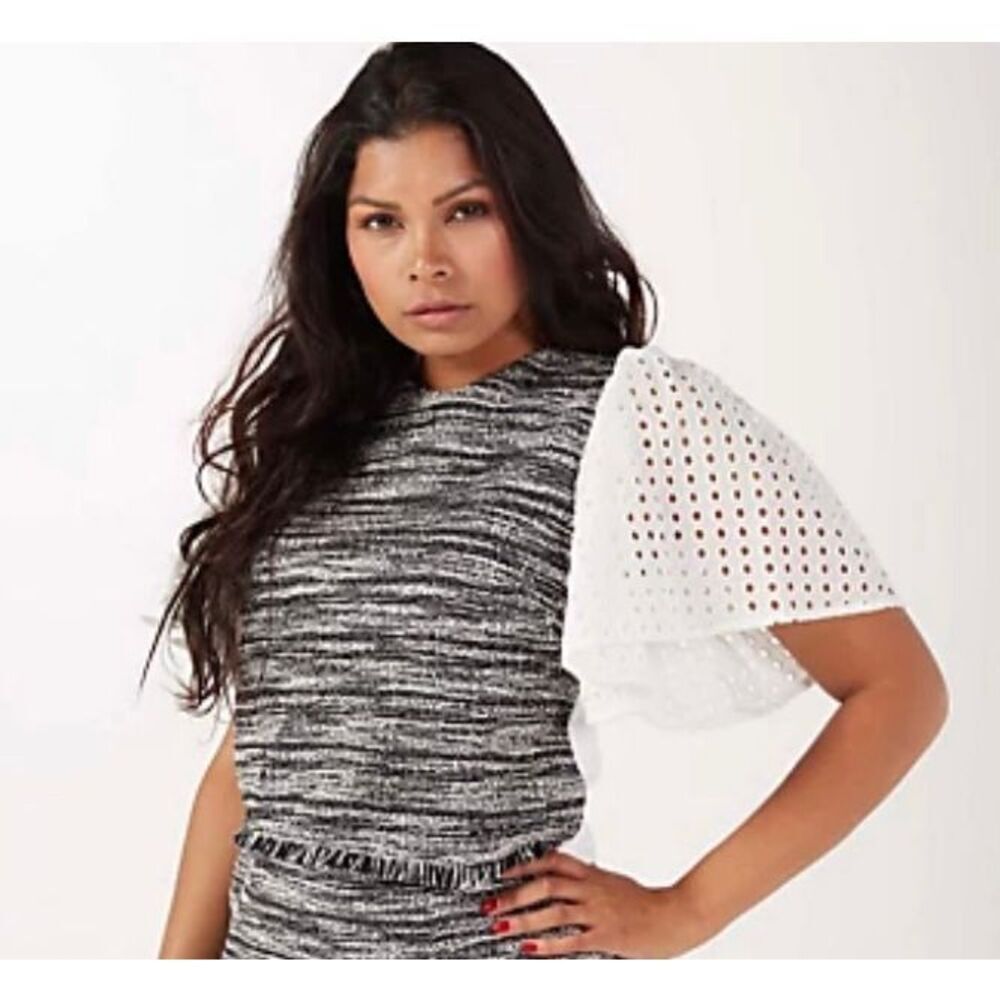 Sashiko & Co Black White Tweed‎ Top with Eyelet Flutter Sleeves